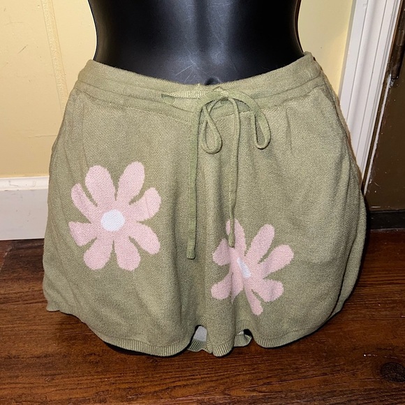 Ekouaer Green Pink Floral Knit Drawstring Waist Comfy Shorts Size L - Picture 3 of 9
